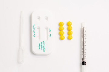Close up Veterinary Antigen Blood test kit (Con CPV(FPV) CCV), medical products, vaccine and syringe for animal on white background. Animal health screening with test kit concept.