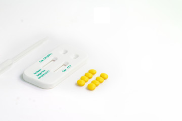 Close up Veterinary Antigen Blood test kit (Con CPV(FPV) CCV), medical products, vaccine and syringe for animal on white background. Animal health screening with test kit concept.