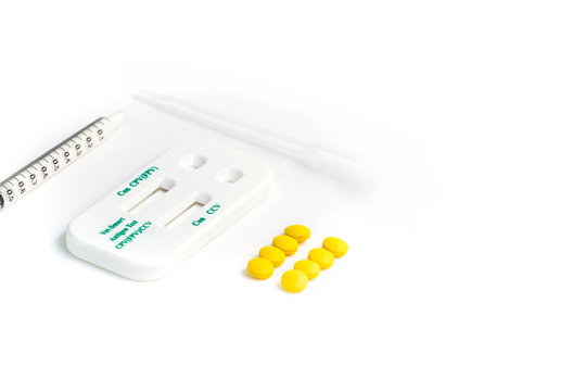 Close up Veterinary Antigen Blood test kit (Con CPV(FPV) CCV), medical products, vaccine and syringe for animal on white background. Animal health screening with test kit concept.