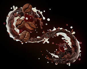 Fresh hot aroma black coffee, espresso, americano 3D splash with roasted  coffee beans, fresh milk or cream splash on dark background. Coffee with milk, latte, cappuccino, mocha label design element