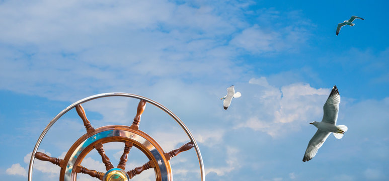 Steering wheel on sailing yacht and flying seagulls at cloudy sky