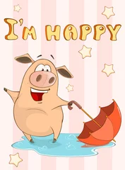 Foto op Plexiglas Happy Birthday Card. Little Pig and Umbrella. Vector Greeting Card. Happy Moment. Congratulation © liusa