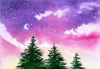 Fir trees on sunset starry sky background, watercolor landscape
