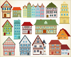 Set of vector houses and buildings in European style on a light background.