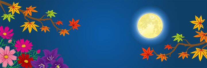 満月と紅葉の枝・コスモスとリンドウ - 十五夜の背景素材