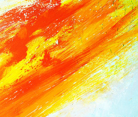 Hand draw brushstroke oil painting yellow red color abstract white background.