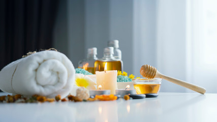 Fototapeta na wymiar Composition of spa and wellness products on table background, wellness and relaxation concept