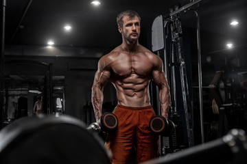 Fototapeta na wymiar Waist up portrait of furious guy showing courage during training in gym. He is standing and lifting barbell. Sportsman is exercising biceps muscles