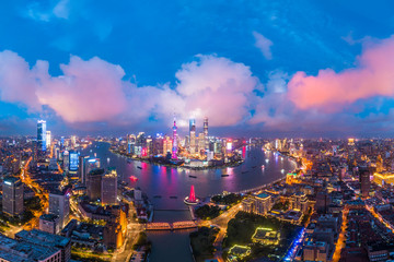 Aerial panoramic view of Shanghai skyline at night,China.