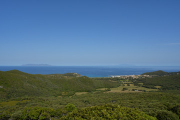 Macinaggio, Capraia e isola d'Elba, vista dal Cap Corse. Corsica, Francia