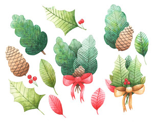 fir branches, leaves and cones watercolor christmas set of isolated illustrations