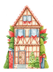 half-timbered Christmas house with Christmas trees and garlands painted in watercolor