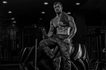 Fototapeta na wymiar bodybuilder man, execute exercise with dumbbells, inside gym, horizontal photo