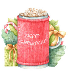 Merry Christmas greeting card painted with watercolor paints with mug of cappuccino and marshmallows.