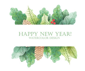 New Year banner watercolor card with fir branches and cones painted