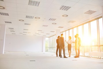 Businessman discussing with colleagues against window in new office during meeting