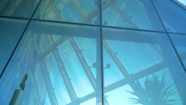 Glass Curtain Facade Wall. Fasteners Elements of Spider Glass System. Facade Detail. Architecture Abstract Background.
