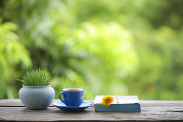 blue tea cup and small plant pot with diary notebook on wooden table