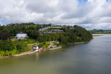 Fototapeta na wymiar Aerial view of Laugharne in Wales, the location of the writer Dylan Thomas Boathouse