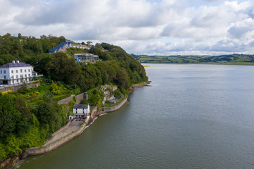 Fototapeta premium Aerial view of Laugharne in Wales, the location of the writer Dylan Thomas Boathouse