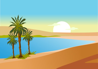 Fototapeta na wymiar oasis in desert with palm trees for background illustration