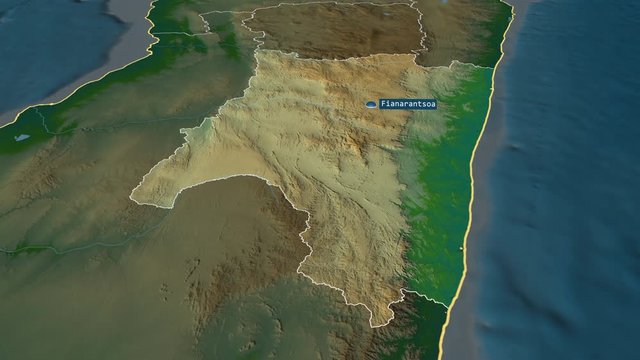 Fianarantsoa - autonomous province of Madagascar with its capital zoomed on the physical map of the globe. Animation 3D