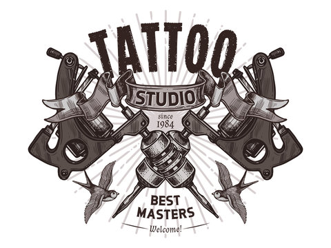 Tattoo studio engraving vector logo. Template of emblem for tattooist. Badge with two crossed machines on black