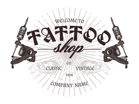 Vintage tattoo shop logo with two tattoo machines. Vector poster in hand drawn sketch style