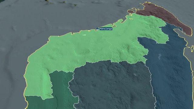 Mahajanga - autonomous province of Madagascar with its capital zoomed on the administrative map of the globe. Animation 3D