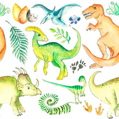 watercolor illustration dinosaurs ancient world set tropics