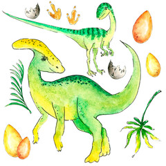 watercolor illustration dinosaurs ancient world set tropics