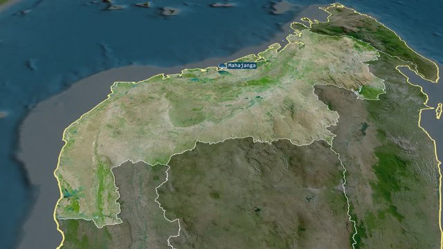 Mahajanga - autonomous province of Madagascar with its capital zoomed on the satellite map of the globe. Animation 3D