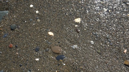 Fondo de arena, piedras y agua