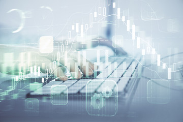 Forex graph with businessman working on computer in office on background. Concept of hardworking. Closeup. Multi exposure.