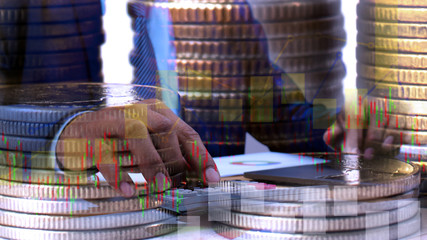 Show graphs and coins overlapping background businessmen, press calculators, financial and business concepts