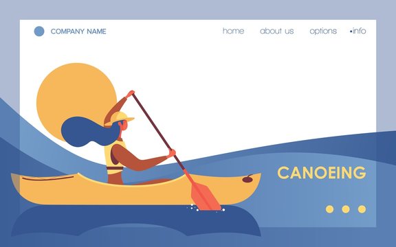 Canoeing woman in river or lake landing page template. Vector banner with blue wave and flat character good for kayaking school or outdoor leisure activity with canoe