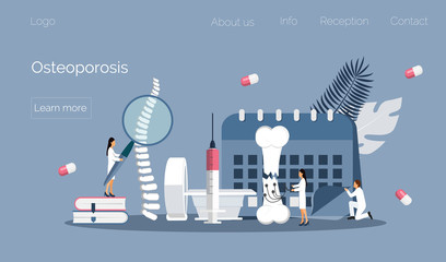 Osteoporosis world day concept, osteoarthritis anatomical vector. Tiny doctors research bones of human. Joint pain