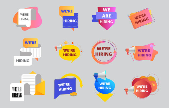 We are hiring tags and job recruitment character, set of colorful bubble is isolated on grey background