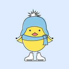 Cute cartoon chick ice-skating, winter time, vector illustration	