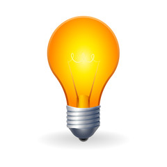 Burning working light bulb with shadow on white background