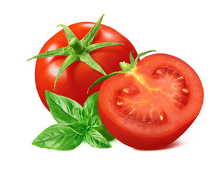 Tomato and basil leaves isolated on white background