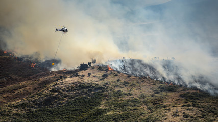 Firefighting helicopter with bucket drop water on forest fire or wildfire.