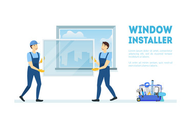 Cartoon Color Characters People with Window Installer Concept. Vector