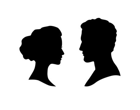 Couple faces silhouette. Couple facing each other. Man and woman romantic profile.