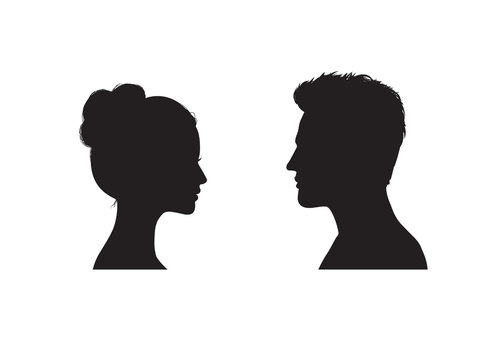 Couple faces silhouette. Couple facing each other. Young man and woman romantic profile.