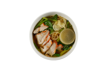egg noodle soup with red roasted pork on white background