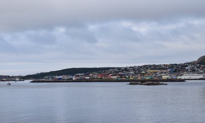 Fototapeta na wymiar city panorama, view across the bay towards the town of Saint Pierre, Saint Pierre an