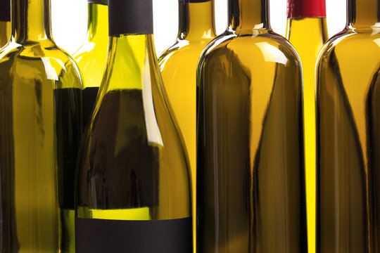 set of empty bottles of wine and glass  background  - Image