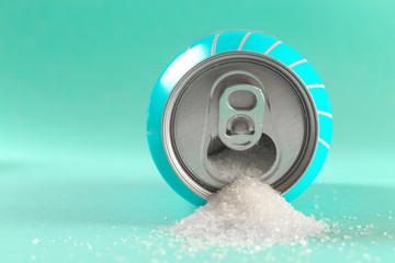 refresh drink can pouring sugar stream in sweet and calories content of soda and energy drinks concept in unhealthy nutrition and diet concept - Image