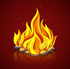 Burning campfire with fire on coal stones. Eps10 vector illustration.